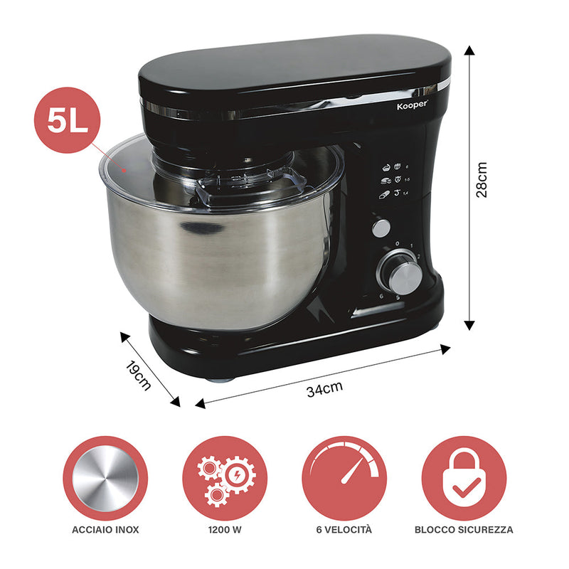 Impastatrice Planetaria 5 Litri 6 Velocità 1200W Kooper Aurora Nero