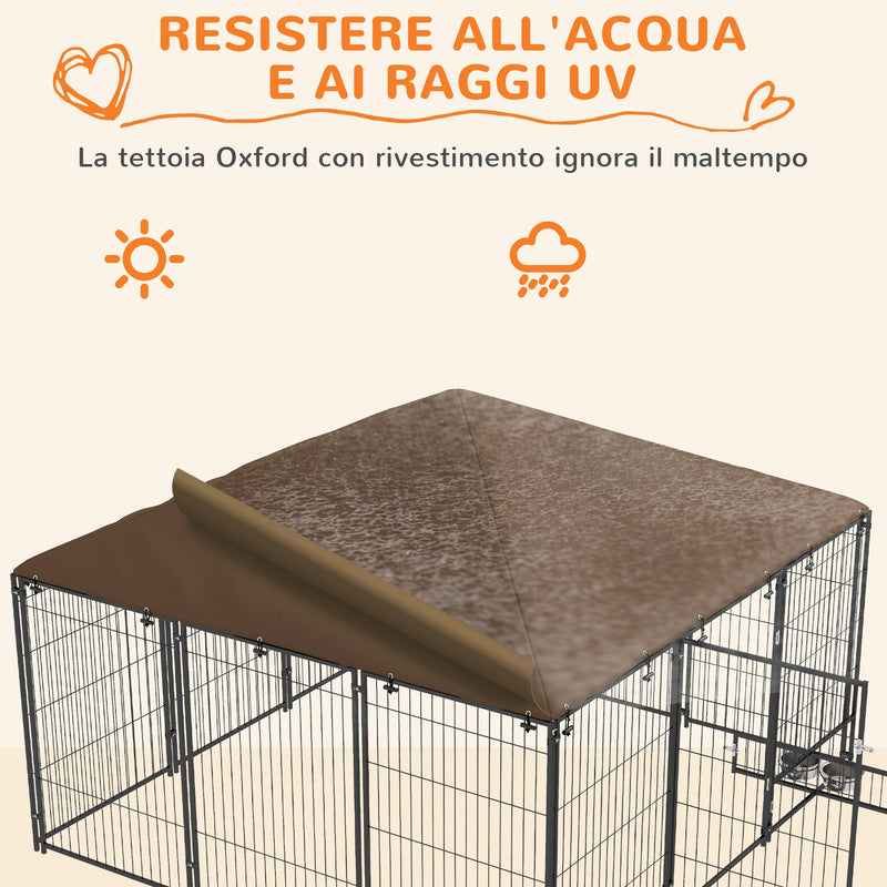 Recinto per Cani con Porticina per Ciotole 211x211x151 cm in Metallo e Tessuto Oxford Nero e Marrone