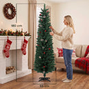 Albero di Natale Slim Ø55x180 cm con 170 Luci LED Bicolore 351 Rami Pigne Bacche Rosse e Telecomando in PVC Verde      