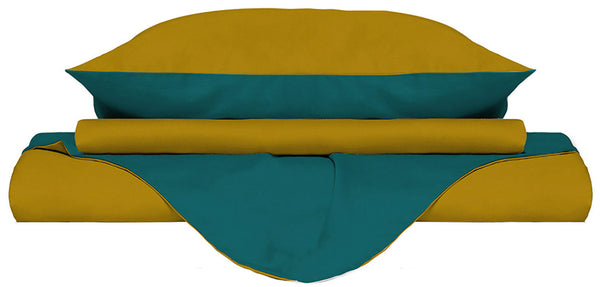sconto Housse de couette double face ocre/vert bouteille avec sac et taies d'oreiller
