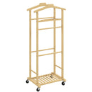 Indossatore Servomuto 4 in 1 a Rotelle 47x33,7x105,5 cm con 2 Aste Vassoio Svuota Tasche e Ripiano per Scarpe in Bambù      