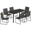 Set 7 Pezzi con Tavolo 150x80x73 cm e 6 Sedie da Giardino con Braccioli in Acciaio e Vetro Nero      
