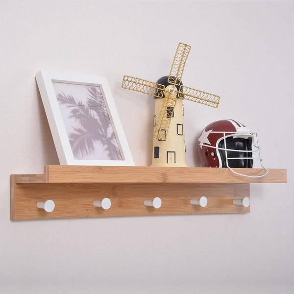 prezzo Étagère murale avec 5 crochets 61x12x10 cm porte-serviettes en bois de bambou