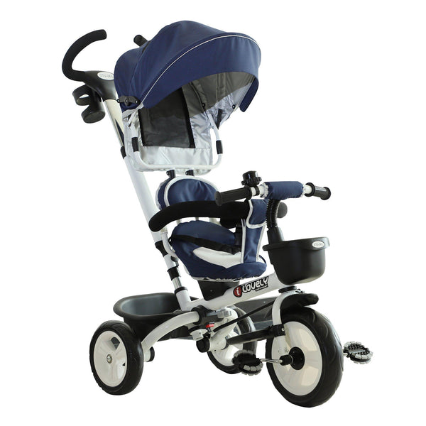sconto Poussette tricycle pour enfants avec poignée, housse de pluie réglable et panier bleu