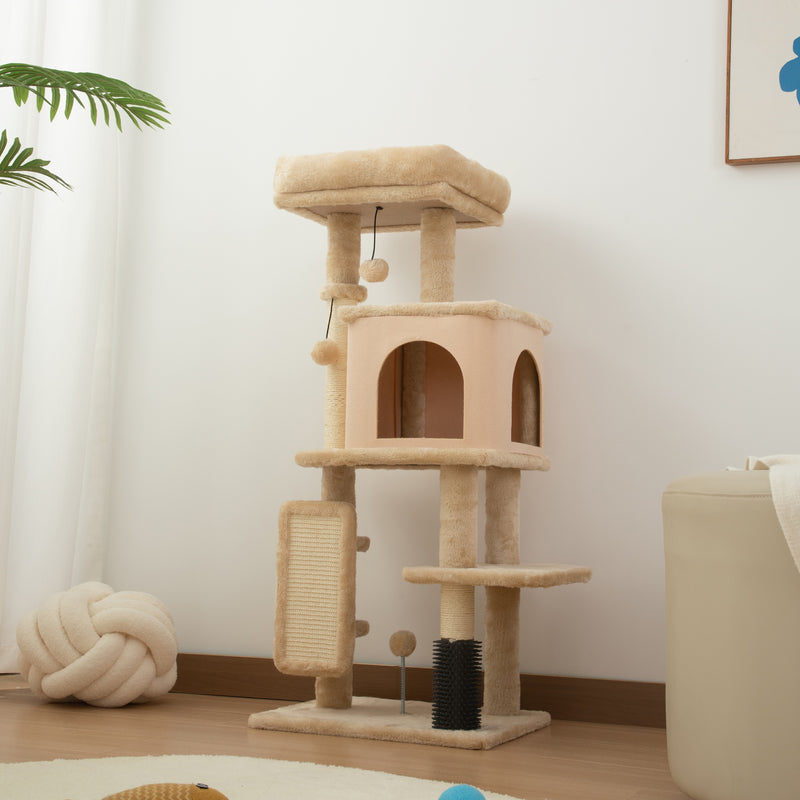 Albero per Gatti Multilivello Alto 104 cm con Casetta Lettino Pali Tiragraffi Spazzola e Pallina Beige      
