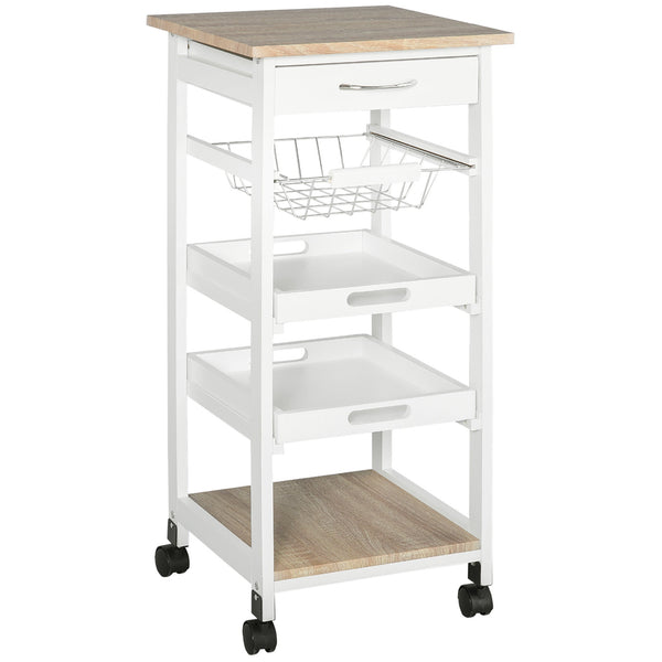 Desserte de Cuisine 37x37x82 cm 3 Étagères 1 Panier en Bois Blanc sconto