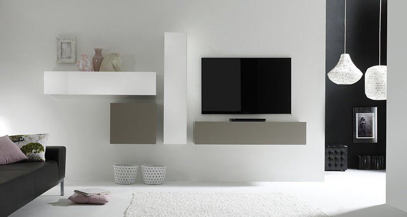 Parete Attrezzata Mobili Salotto 4 Mobili Sospesi 169x327x31cm TFT  Cube Bianco Lucido e Grigio Opaco