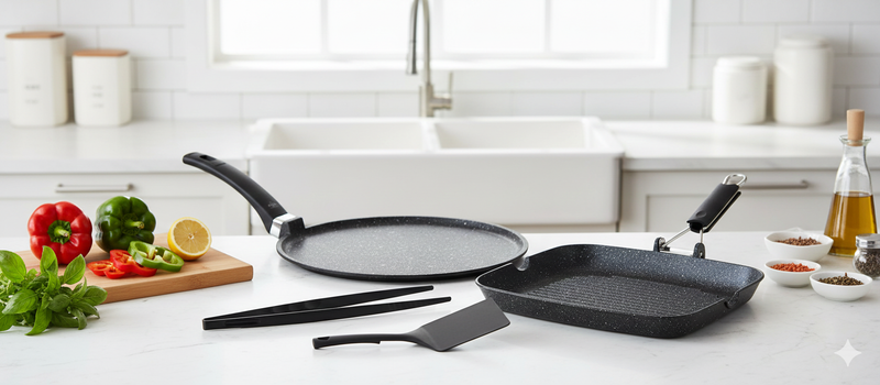 Set 4 Pezzi Bistecchiera + Piastra Multiuso in Alluminio Pressofuso Antiaderente Olympia Hard Cook