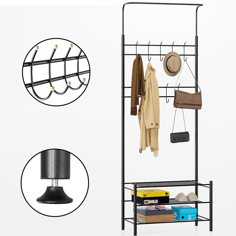 Stand Appendiabiti da Ingresso 9 Ganci con Scarpiera a 3 Ripiani in Metallo Nero 