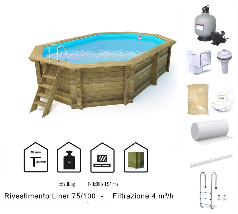 Piscina Ottagonale Fuori Terra 486x336x120 cm in Legno