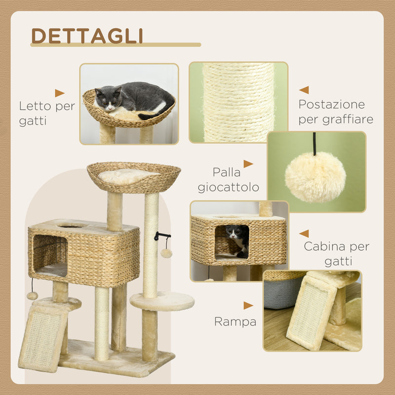 Albero Tiragraffi per Gatti con Casetta e Trespolo 60x40x95 cm Marrone e Beige  