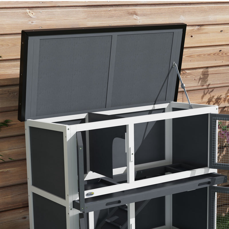 Conigliera a 2 Livelli con Rampa e 2 Vassoi Estraibili 97x44x91 cm in Legno di Abete e Bitume Grigio   