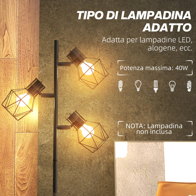 Lampada da Terra 3 Luci Orientabili 40W 41x28x169 cm in Metallo Nero 