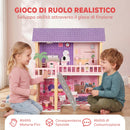 Casa delle Bambole per Bambini 3-6 Anni 64x40x69 cm a 2 Piani con 11 Mobili e 2 Bambole in MDF e Legno di Pino Rosa      