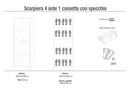 Scarpiera 4 Ante con Specchio 1 Cassetto 63x164x29 cm Bianco Fiammato