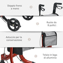 Deambulatore ad Altezza Regolabile con 3 Ruote e Tasca Portaoggetti 68x68x86,5-99 cm in Alluminio Rosso