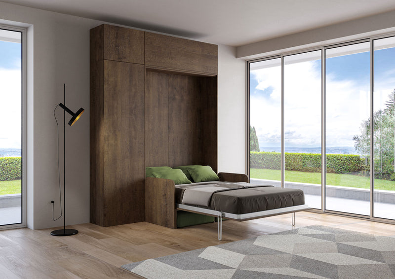 Letto Una Piazza E Mezzo A Scomparsa 120 Kentaro Con Divano E Mobili Noce e Verde      