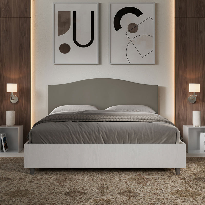 Letto Matrimoniale con Rete e Contenitore Alzata Comoda Struttura Bianco Frassico e Testata in Similpelle Grace Cappuccino Varie Misure