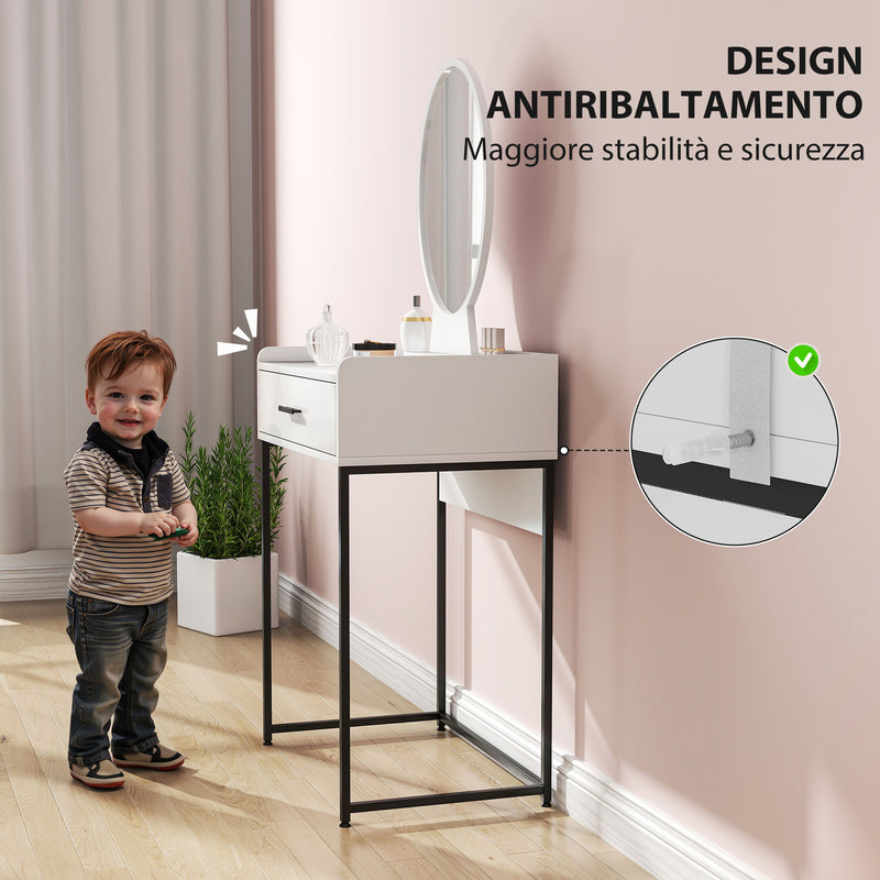 Mobile Toeletta con Specchio con Cassetto e Sgabello Imbottito in MDF Bianco   