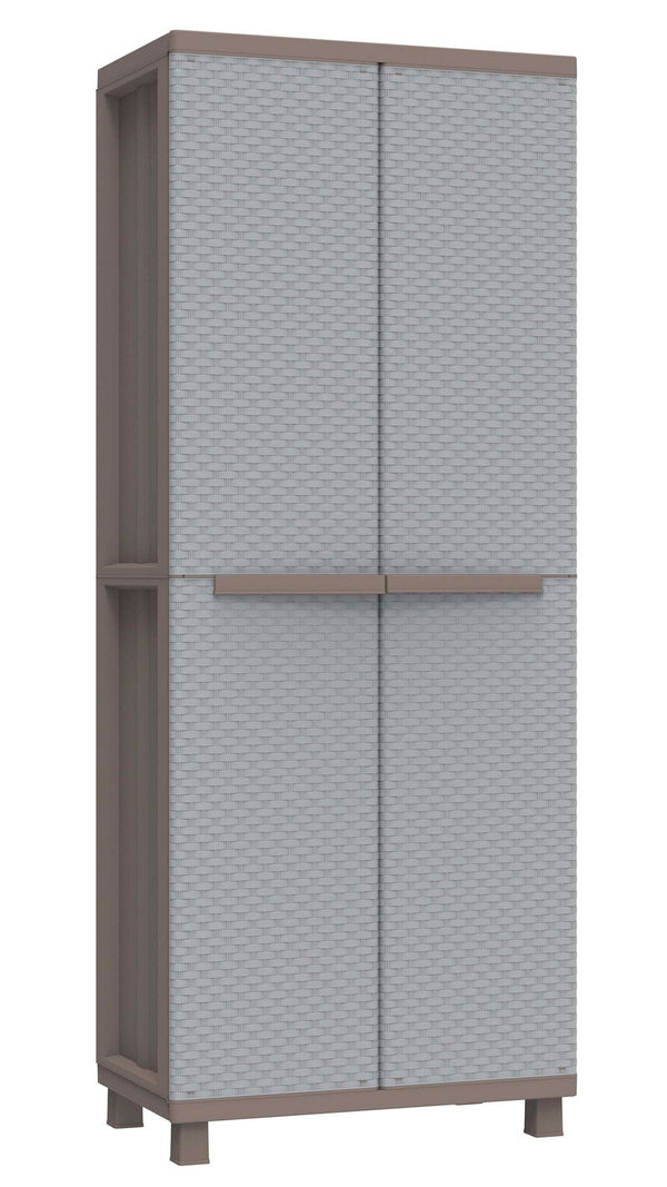 sconto Armoire à balais d'extérieur modulable 68x37,5x170 cm 2 portes 4 étagères en rotin gris tourterelle et polypropylène gris