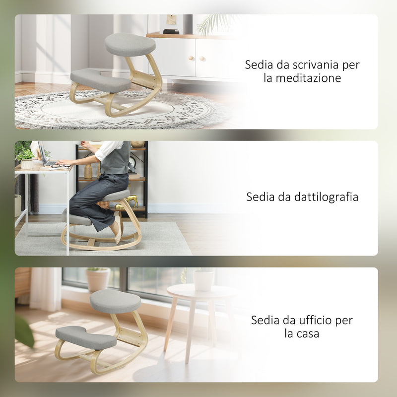 Sedia Ergonomica con Inginocchiatoio 50x73x55 cm Movimento a Dondolo in Legno di Betulla Grigio 