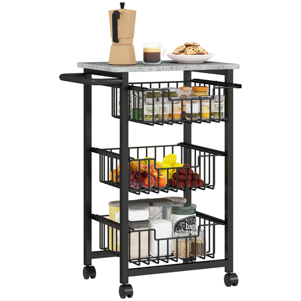 Carrello da Cucina 49,5x31x69 cm a 3 Cestelli con Maniglia in Acciaio e Legno Nero e Grigio Chiaro prezzo