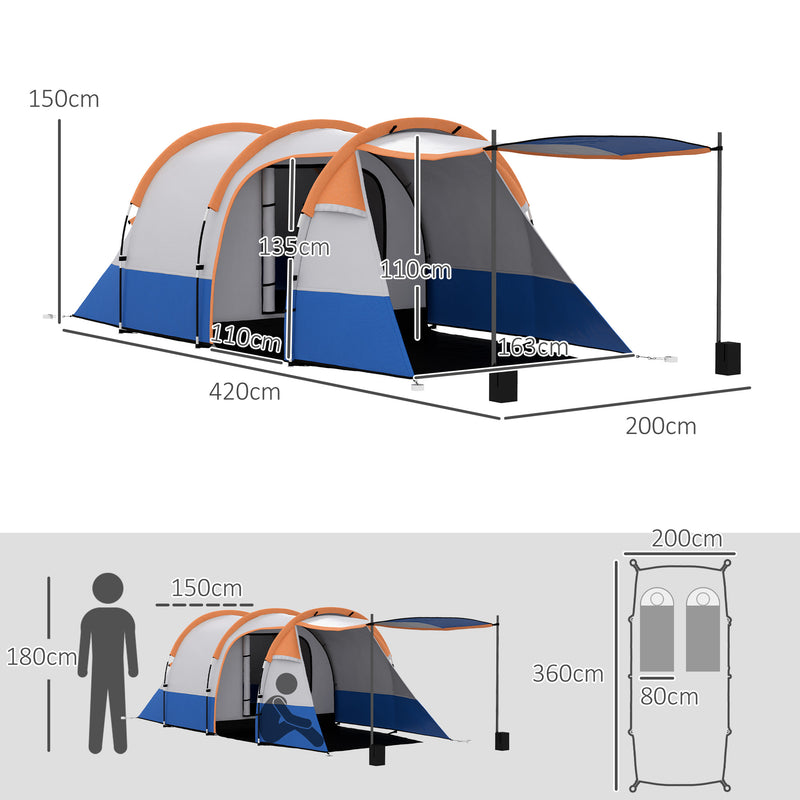 Tenda da Campeggio Impermeabile 420x200x150 cm con 2 Aree e 3 Ingressi in Poliestere e Fibra di Vetro   