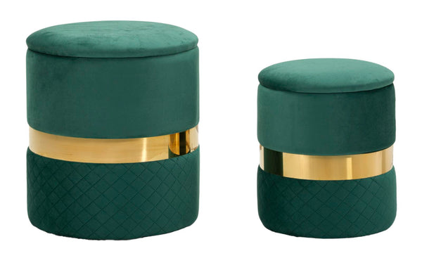 online Puff con Contenitore Sheffild Verde Set 2 Pz Ø37x42 cm - Ø28x35 cm in Ferro e MDF e Spugna e Poliestere Verde e Oro