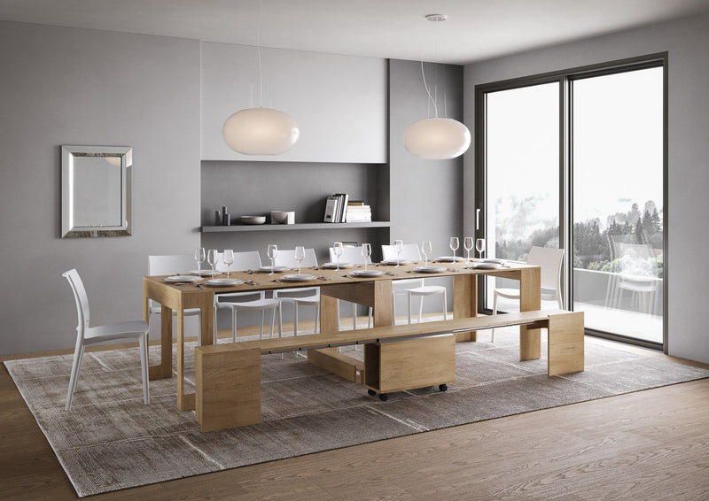 Consolle Tavolo Allungabile 90-302x42x75 cm Evolve Quercia Natura con Panca Inferiore 