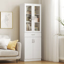 Credenza Cucina 60x35x180 cm con 2 Armadietti e un Cassetto Mensole Regolabili e Ante in Vetro in Legno Bianco      
