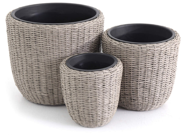 sconto Ensemble de 3 cache-pots ronds en polyrotin beige Bauer