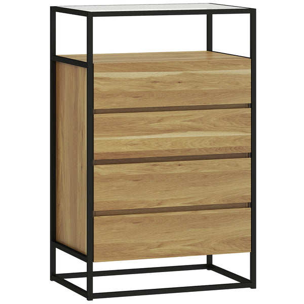 acquista Cassettiera 60x40x94,5 cm con 4 cassetti e Ripiano aperto in MDF Acciaio e Vetro Color Legno