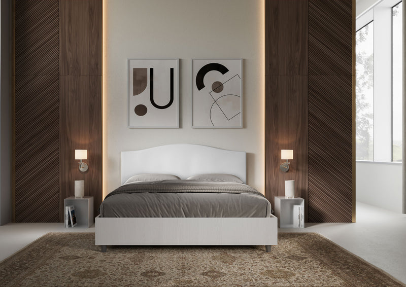 Letto Matrimoniale con Rete e Contenitore Alzata Comoda Struttura Bianco Frassico e Testata in Similpelle Grace Bianco Varie Misure