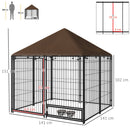 Recinto per Cani con Porticina per Ciotole 141x141x151 cm in Metallo e Tessuto Oxford Nero e Marrone