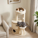 Tiragraffi per Gatti Multilivello 55x39x90 cm con 4 Pali in Sisal 2 Casette Cuccia e Pompon in Truciolare e Peluche Beige      
