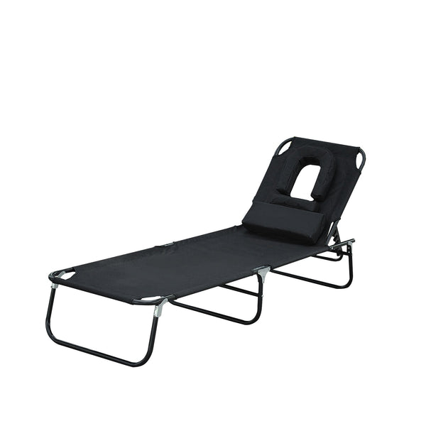 prezzo Chaise longue pliable avec ouverture visage en tissu Oxford noir 190x56x28 cm