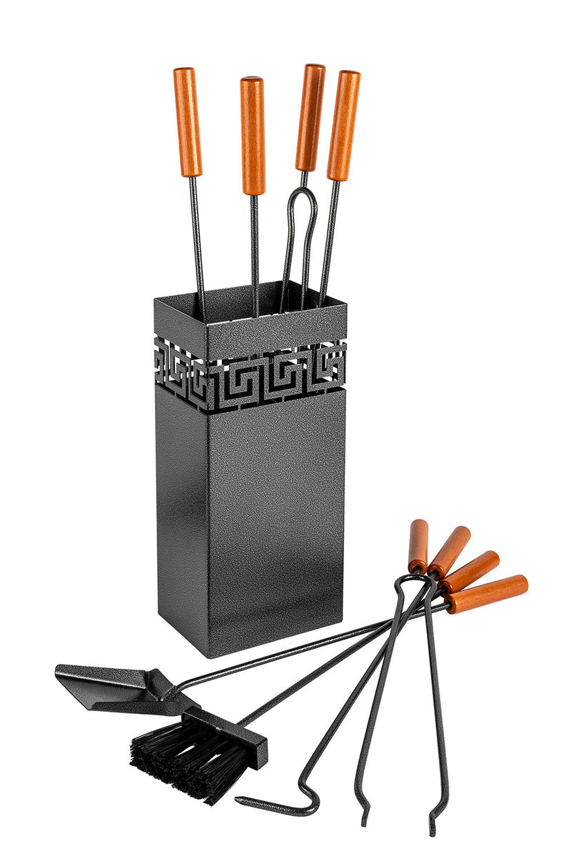 Trespolo per Attrezzi Camino Rettangolare Sagoma Greca con Paletta Scopino Attizzino e Pinza 17,5x12,5x62 cm in Ferro Verniciato Grigio Martellato