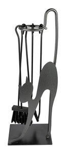 Trespolo per Attrezzi Camino Rettangolare Sagoma Gatto con Paletta Scopino Attizzino e Pinza 28x19x66 cm in Ferro Verniciato