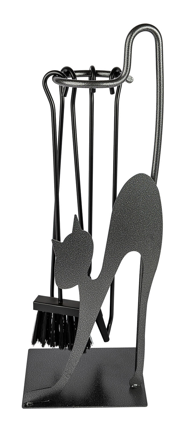 Trespolo per Attrezzi Camino Rettangolare Sagoma Gatto con Paletta Scopino Attizzino e Pinza 28x19x66 cm in Ferro Verniciato