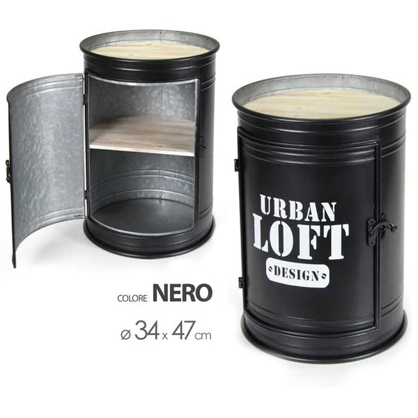 sconto Tavolino Contenitore Bidone Tondo Struttura in Metallo Nero e Ripiani in Legno