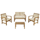 Set Salotto da Giardino Divano 2 Poltrone e Tavolino in Legno con Cuscini Ecrù