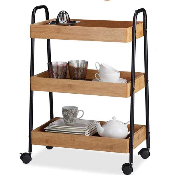 Carrello Trolley Cucina in Metallo 3 Ripiani in legno 4 Ruote Salvaspazio Nero online