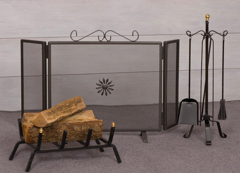 Set per Camino a Legna 3 Pezzi con Parascintille Portalegna e Trespolo Bauer Roccaraso