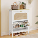 Scarpiera Slim Stile Boho con 2 Cassetti Ribaltabili per 14 Paia di Scarpe 80x24x95,5 cm Anta con Pannello in Rattan Bianco   