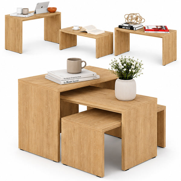 Set 3 Pezzi Tavolini Caffe Rettangolare a Incastro in Legno MDF Quercia online