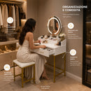 Toeletta Trucco 80x45x141 cm con Sgabello e Specchio Luce LED Postazione Makeup Bianco e Oro      