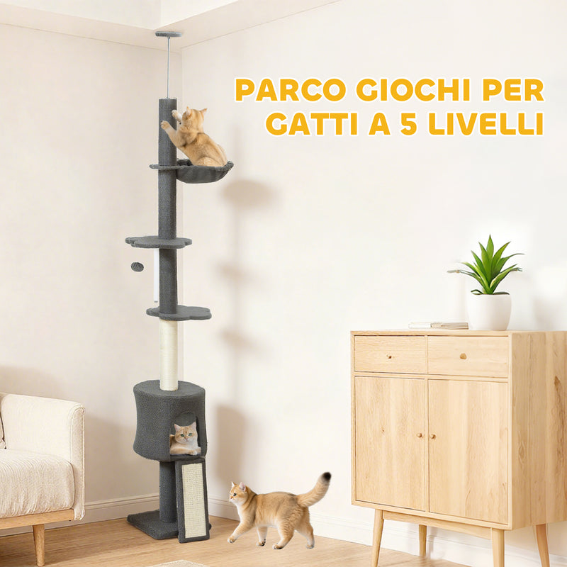 Albero per Gatti a Soffitto Alto 220-240 cm con Amaca Casetta Piattaforme a Fiore e Pali in Sisal Grigio      
