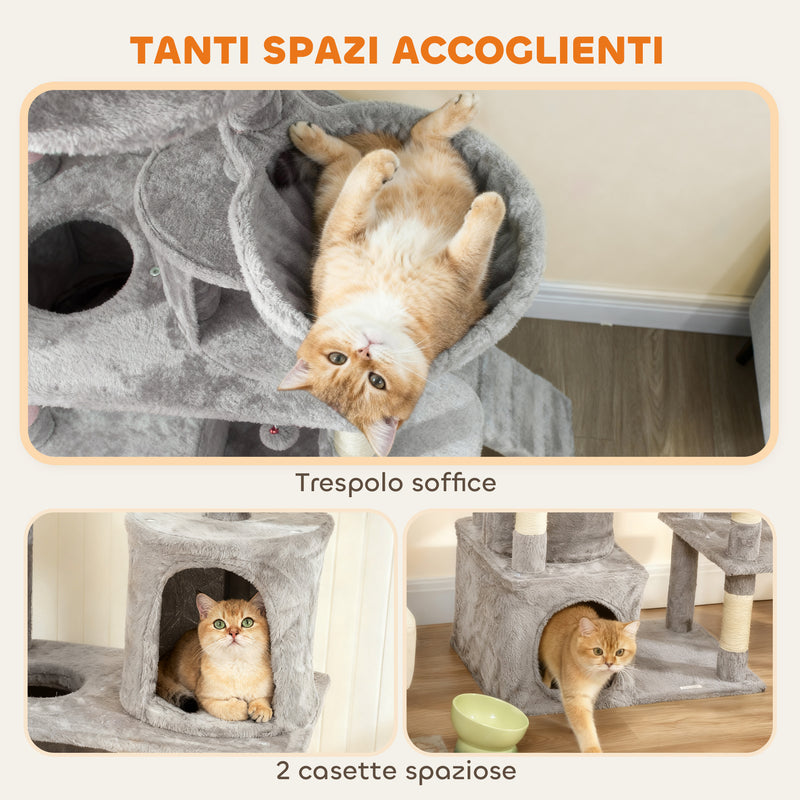 Albero Tiragraffi per Gatti 60x40x170 cm con 2 Casette Amaca Tunnel e Lettino Pali in Sisal Grigio      
