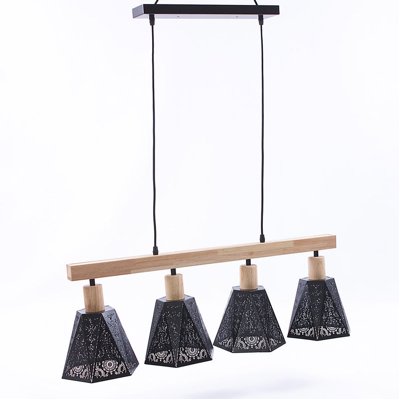 Lampadario a 4 Luci 90x18xH30 cm in Metallo Nero e Legno Naturale