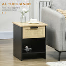 Comodino 1 Cassetto 1 Ripiano 40x40x50 cm in Legno e Rattan Nero e Naturale